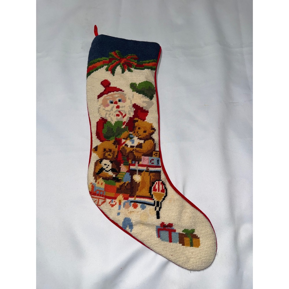 Vintage Needlepoint Christmas Stocking Santa Teddy Bears‎ Red Velvet Back 20"